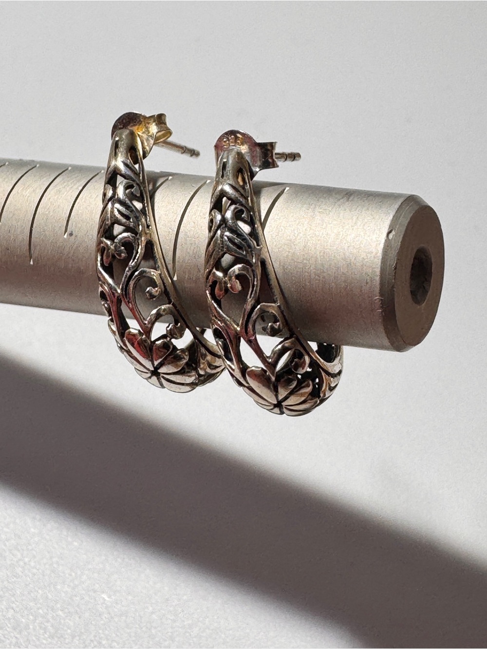 Sterling Silver Filigree Hoop Earrings - Floral Scroll Design, Silver